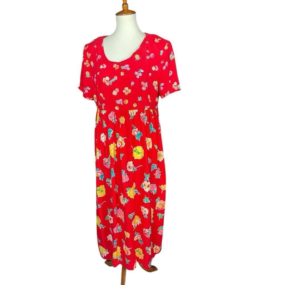 Vintage Red Floral Button Down Dress Sz 14 Cottage Core KC Spencer Feminine Girl